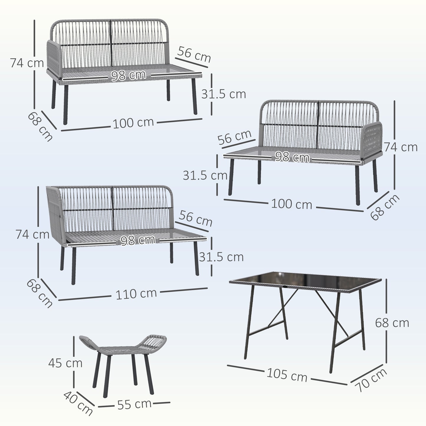 Outsunny 6 Piece Rattan Garden Furniture Set, 8 Seater Garden Corner Sofa with Cushions and Glass Top Table, Sectional Outdoor Furniture Conservatory Set for Patio, Charcoal Grey