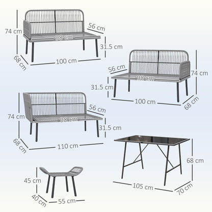 Outsunny 6 Piece Rattan Garden Furniture Set, 8 Seater Garden Corner Sofa with Cushions and Glass Top Table, Sectional Outdoor Furniture Conservatory Set for Patio, Charcoal Grey