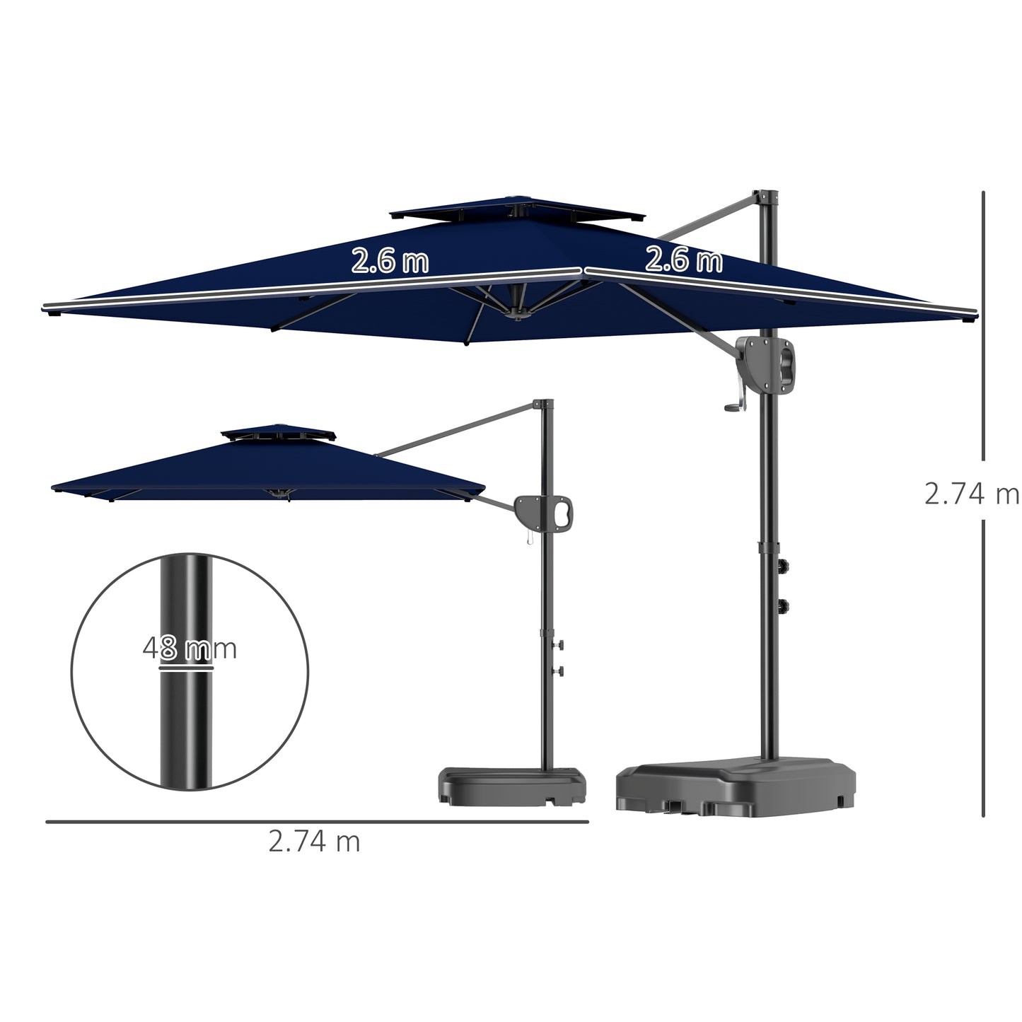 Outsunny Cantilever Parasol with Weighted Base Double Top Garden Parasol Square Hanging Patio Umbrella with Crank Tilt Dark Blue