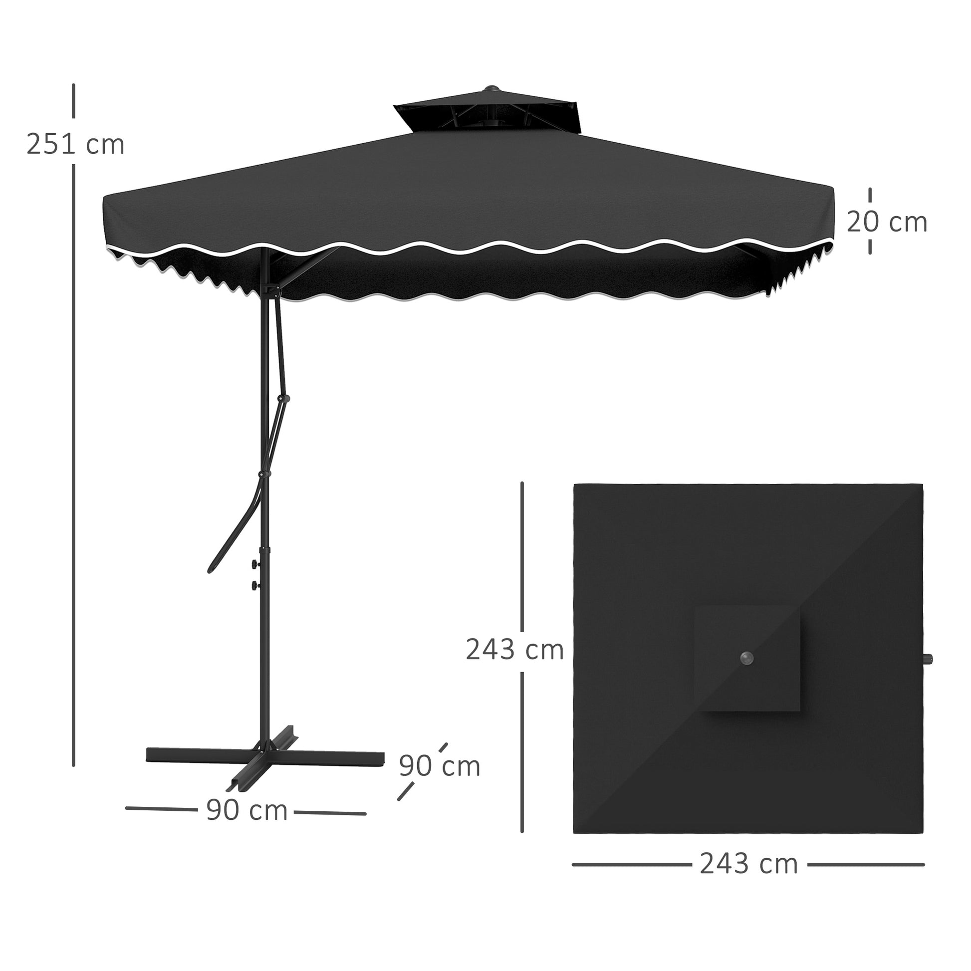 Outsunny 2.5m Cantilever Parasol with Easy Lever, Square Double Top Garden Parasol Umbrella with Ruffles and Cross Base, Overhanging Outdoor Sun Shades, Black