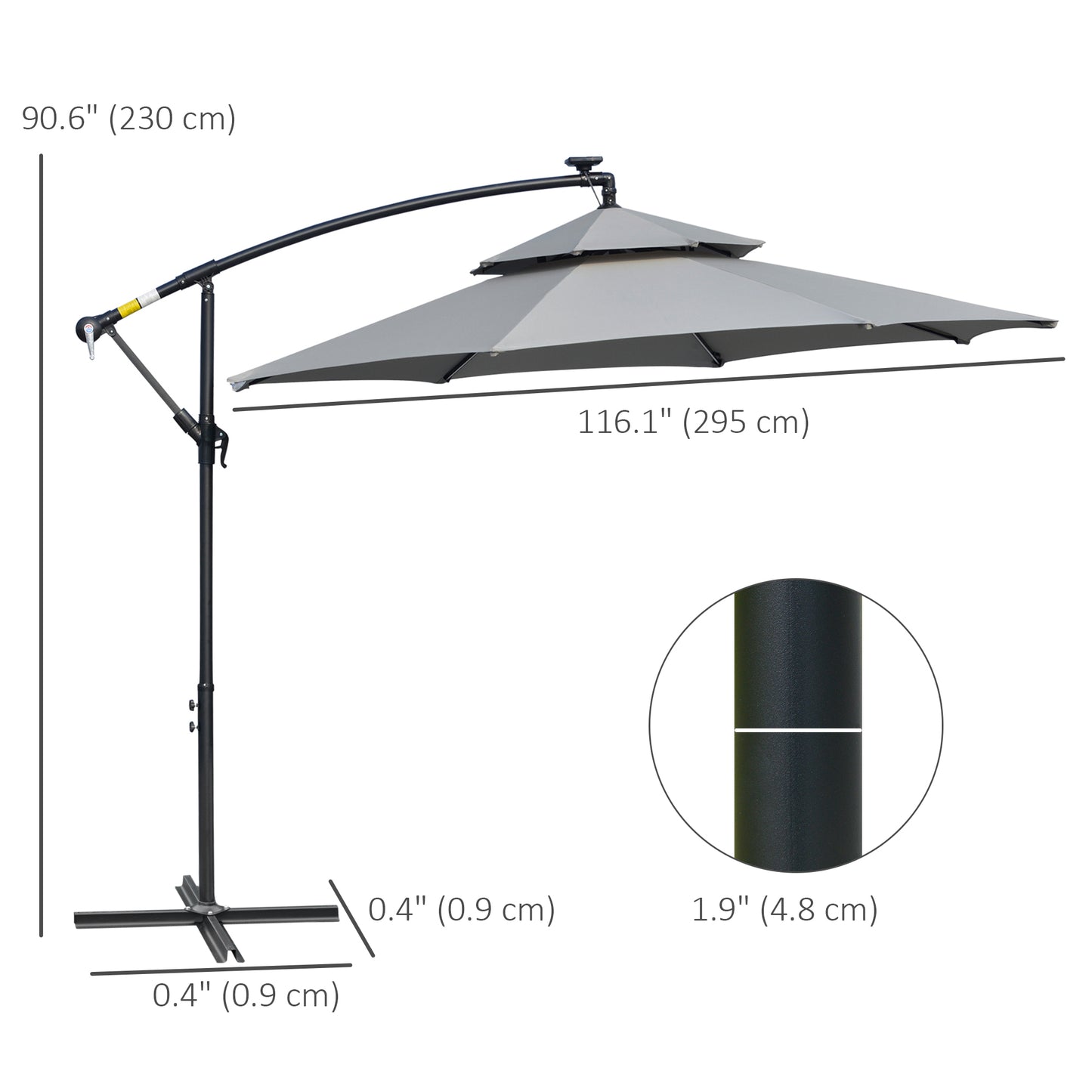 Outsunny 3(m) Cantilever Banana Parasol Hanging Umbrella with Double Roof, LED Solar lights, Crank, 8 Sturdy Ribs and Cross Base for Outdoor, Garden, Patio, Light Grey