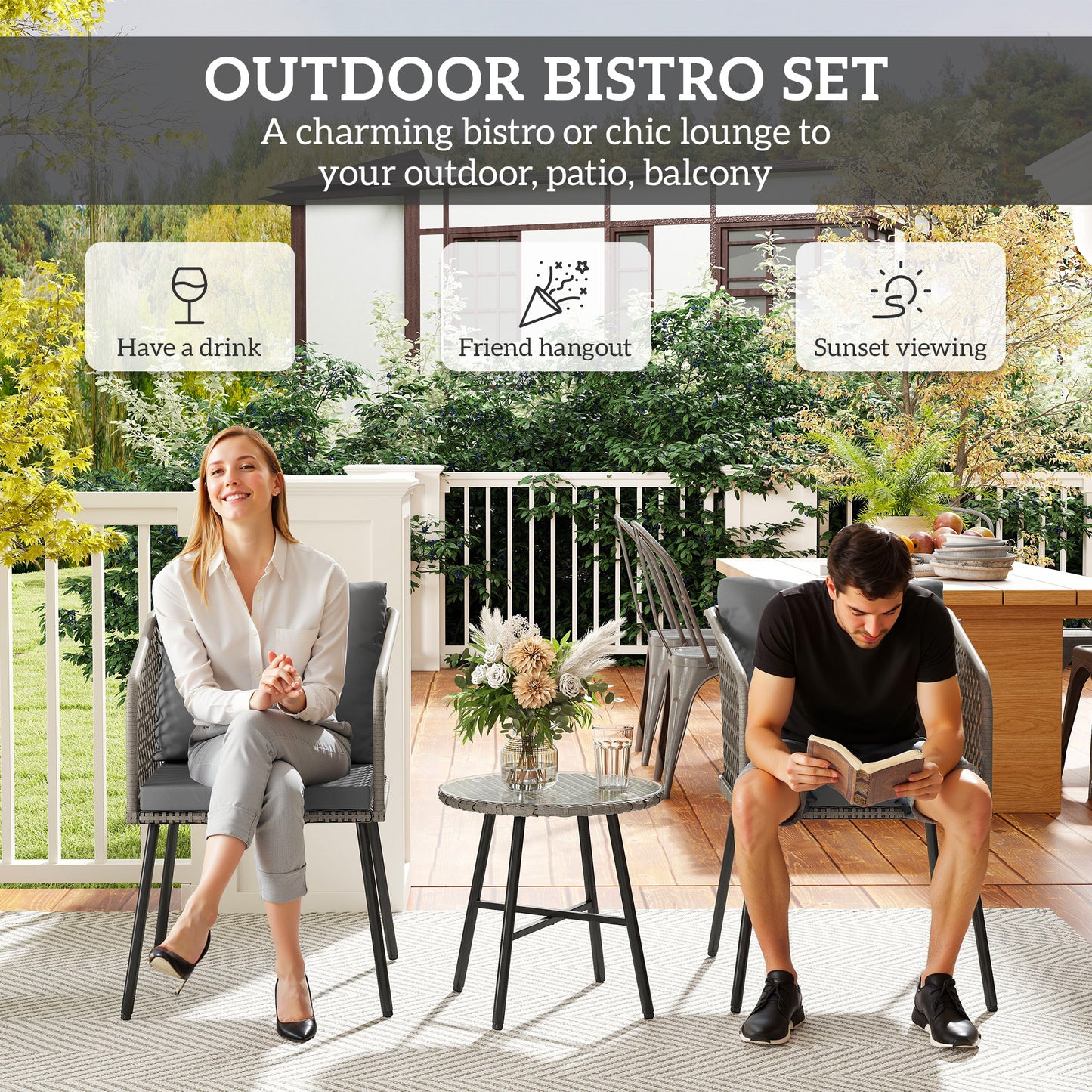 Outsunny Three-Piece Cut-Out Rattan Chair and Table Set - Grey