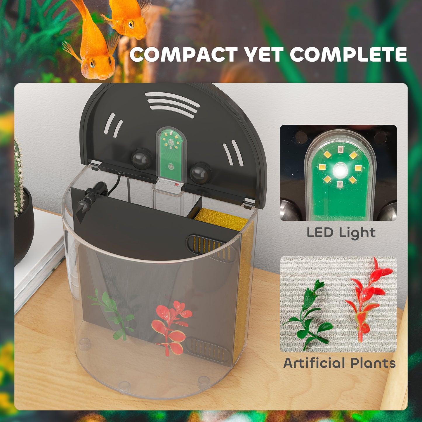 PawHut 3L Small Fish Tank with Filter System, LED Light, Small Fish Tank for Betta, Goldfish, Shrimp, Black