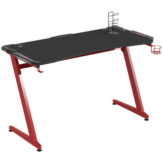 HOMCOM Gaming Desk, Ergonomic Home Office Desk, Gamer Workstation Racing Table, with Headphone Hook and Cup Holder, 142 x 66 x 96cm, Black and Red