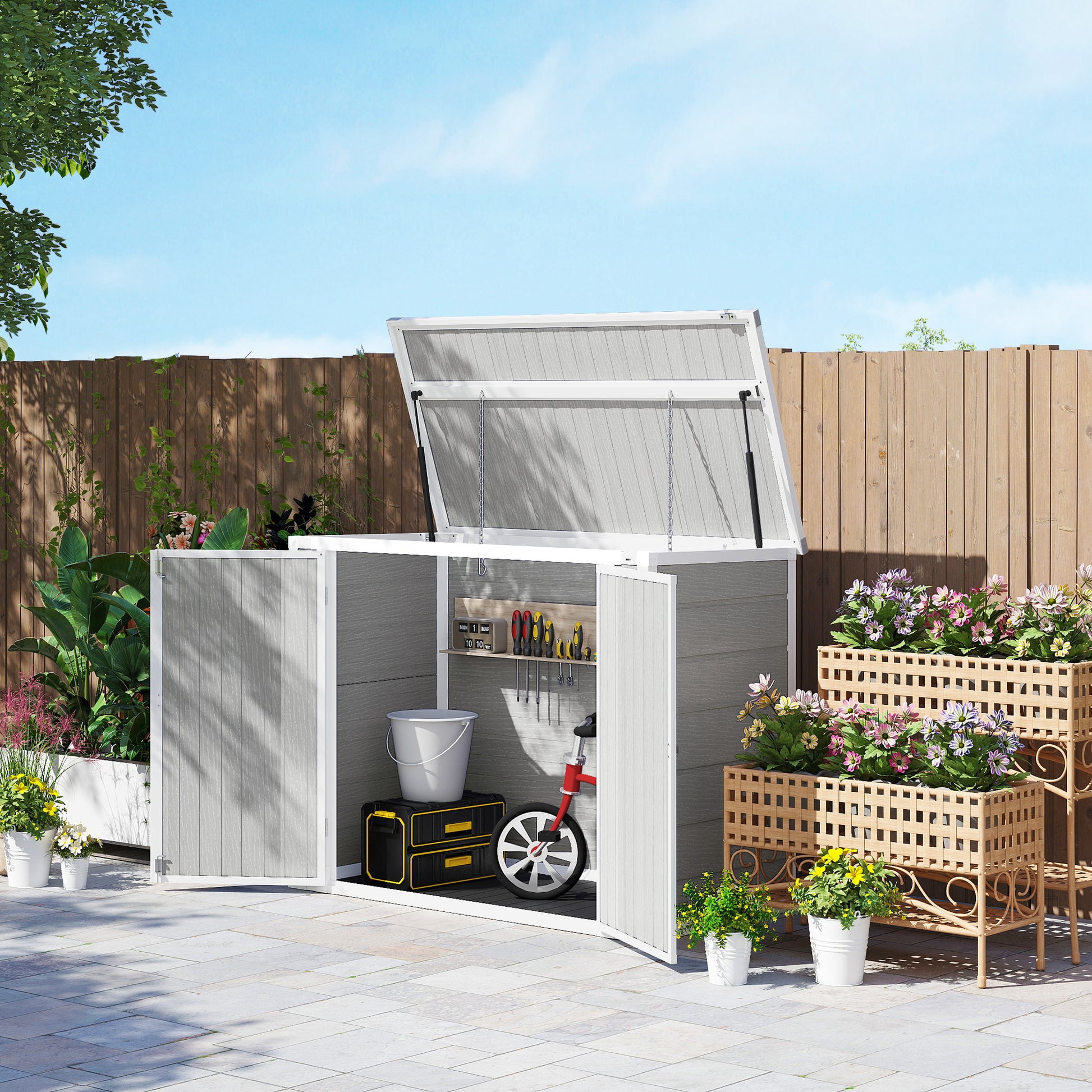 Outsunny 4.7 x 2.5FT Garden Shed, Lockable Outdoor Storage Shed with Openable Lid, Small Shed for 2 Trash Cans, Tools, Patio, Light Grey