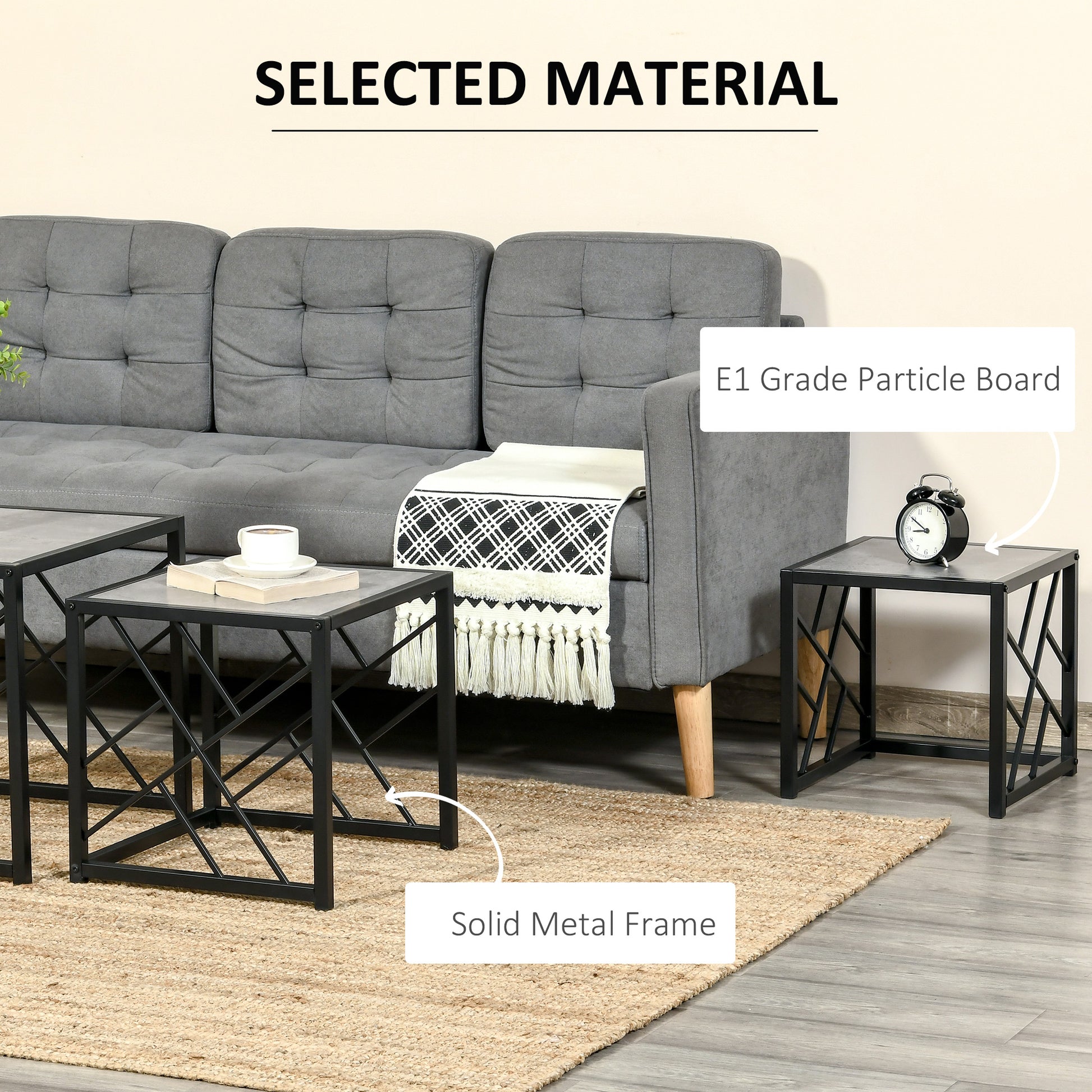 HOMCOM Set of 3 Nest of Tables, Square Side Tables with Black Metal Frame, for Living Room, Bedroom and Office, Grey