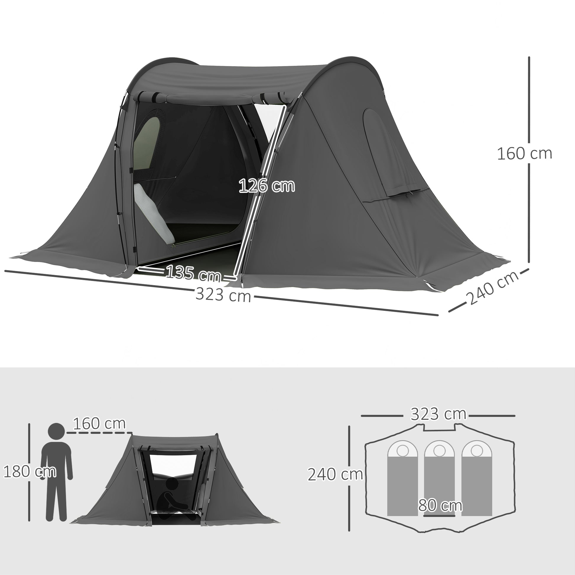 Outsunny 3 Man Camping Tent with Living Area and 2 Bedrooms, 3000mm Waterproof Family Tent with Sewn-in Groundsheet, Portable Dome Tent with Bag for Hiking, Festival, Backpacking, Drak Grey