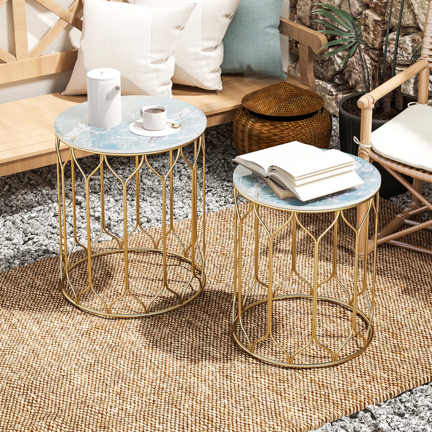 Outsunny Garden Side Table Set of 2, Nesting Tables with Ceramic Tile Top, Indoor Outdoor Small Garden Tables, Multifunctional End Tables with Metal Frame for Patio, Balcony, Porch, Multicoloured