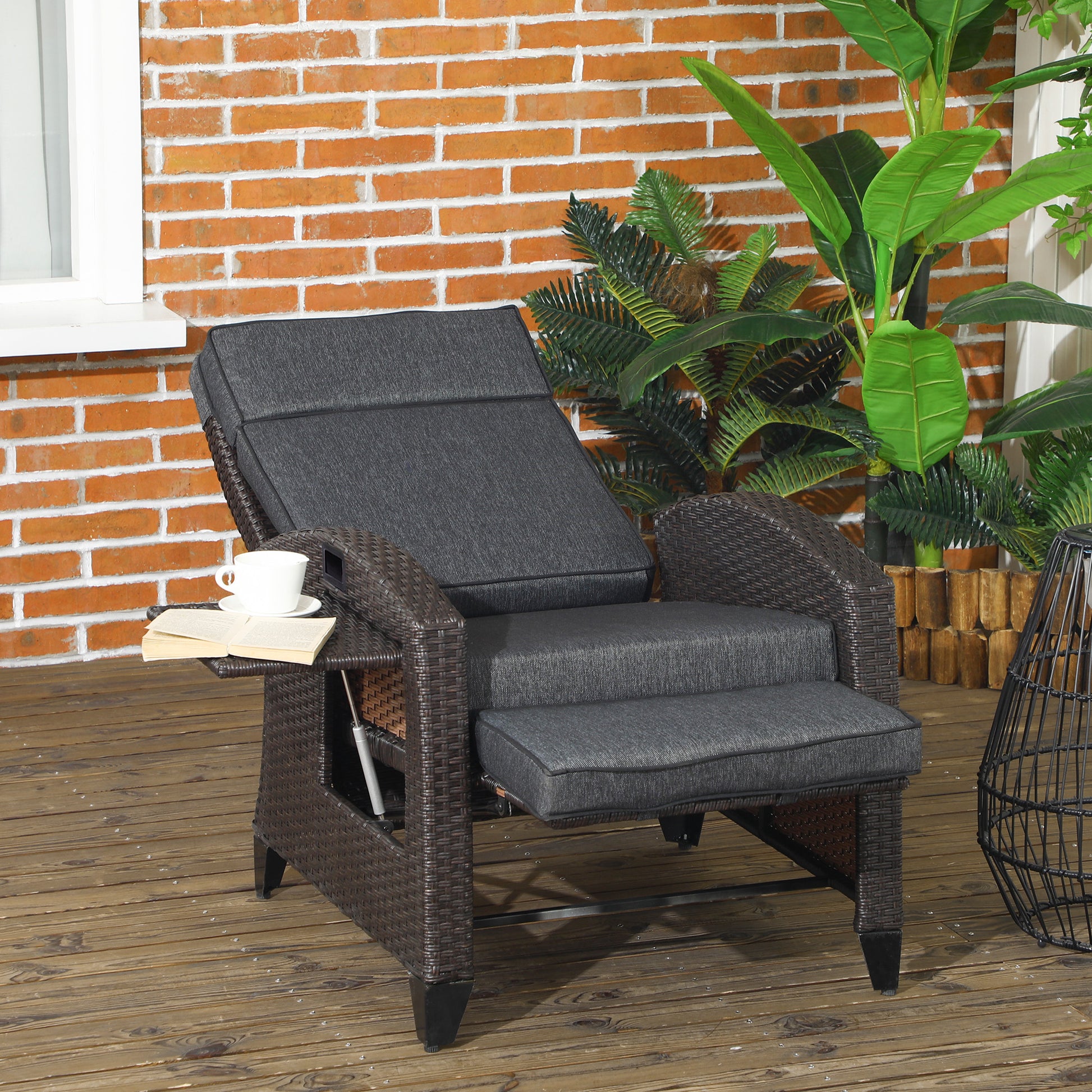 Outsunny Outdoor Recliner Chair with Adjustable Backrest and Footrest, Cushion, Side Tray, Grey