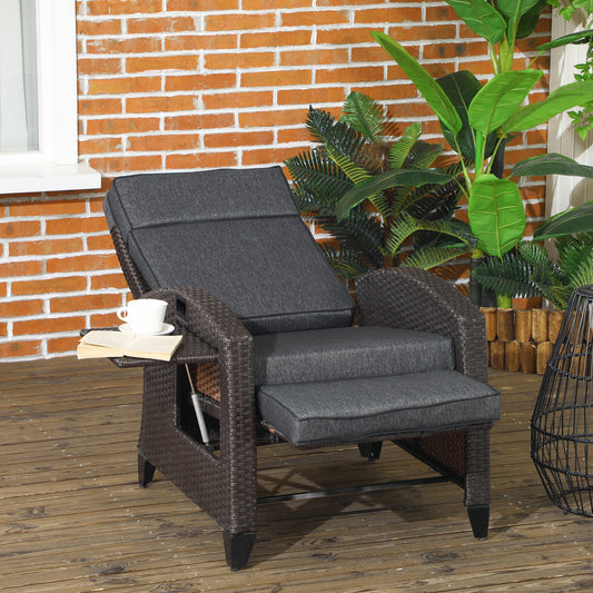 Outsunny Outdoor Recliner Chair with Adjustable Backrest and Footrest, Cushion, Side Tray, Grey