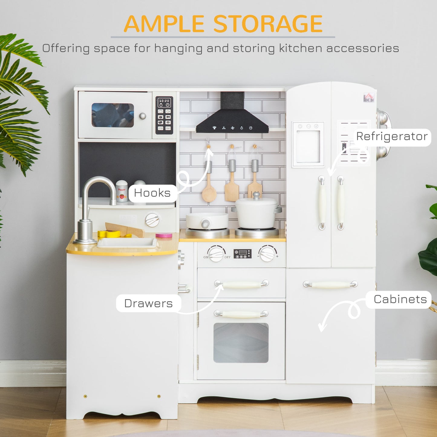 HOMCOM Kids Wooden Kitchen, Large Pretend Role Play Kitchen w/ Realistic Refrigerator, Microwave, Oven, Range Hood, Sink, Telephone