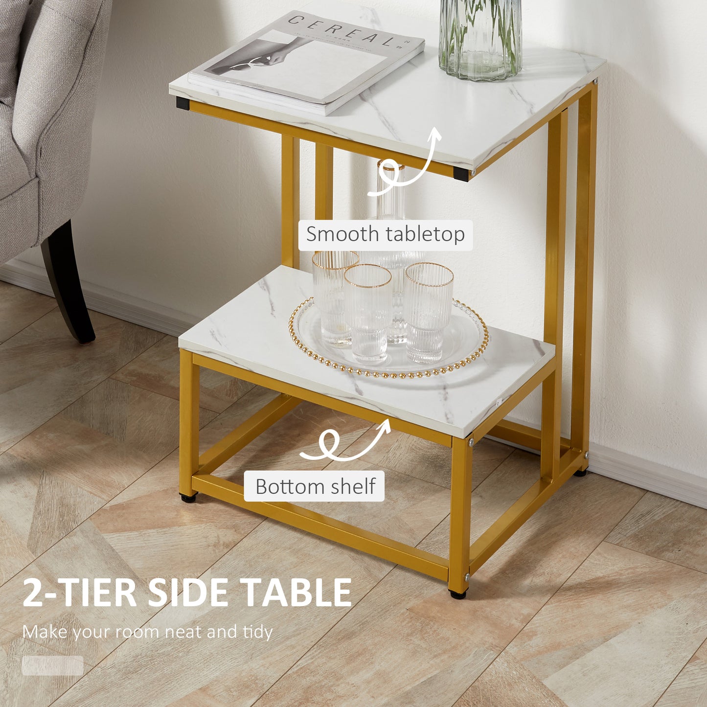 HOMCOM Side Table, Doule Layer End Table, Modern Coffee Table with Steel Frame and Adjustable Non-Slip Feet for Living room, Bedroom, White