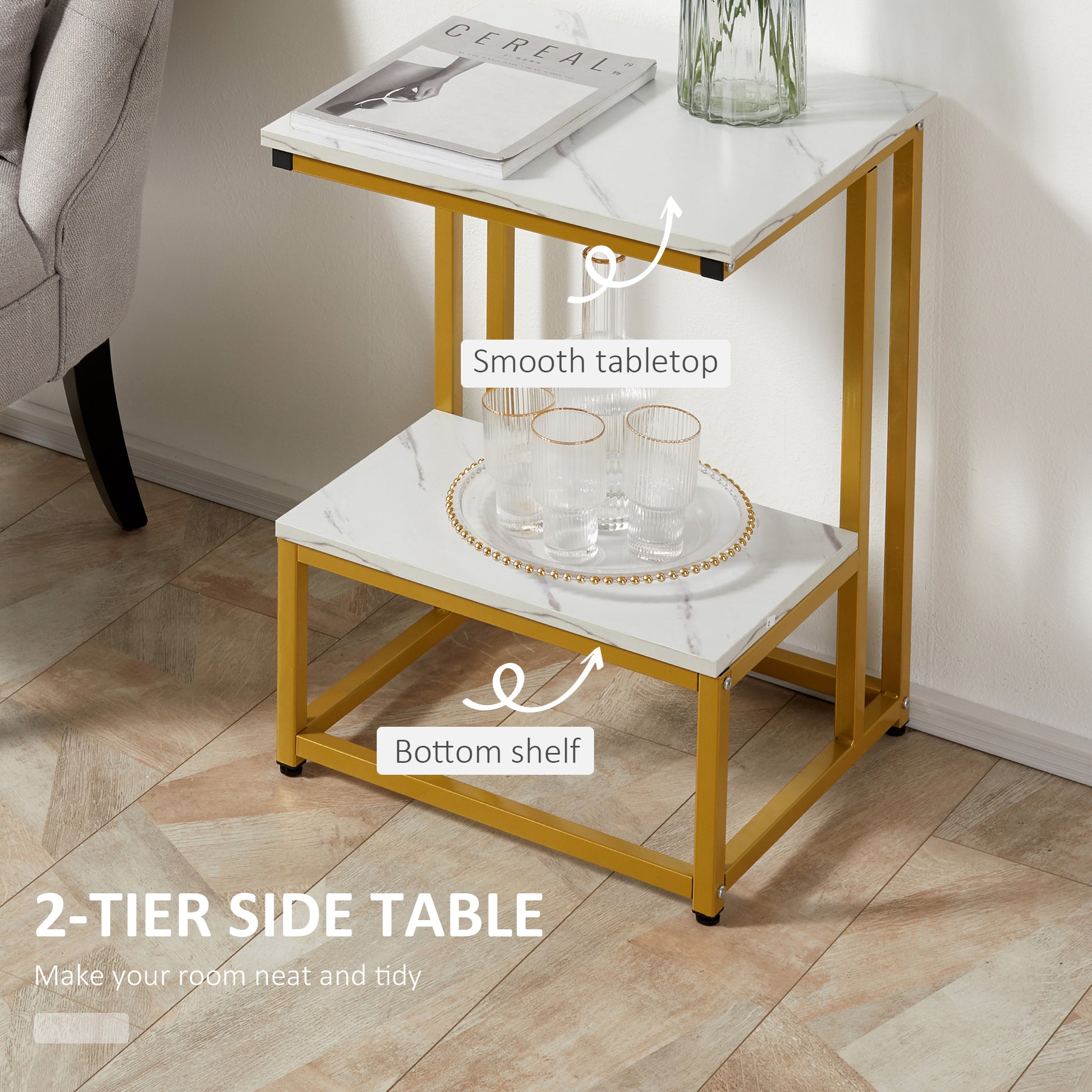 HOMCOM Side Table, Doule Layer End Table, Modern Coffee Table with Steel Frame and Adjustable Non-Slip Feet for Living room, Bedroom, White