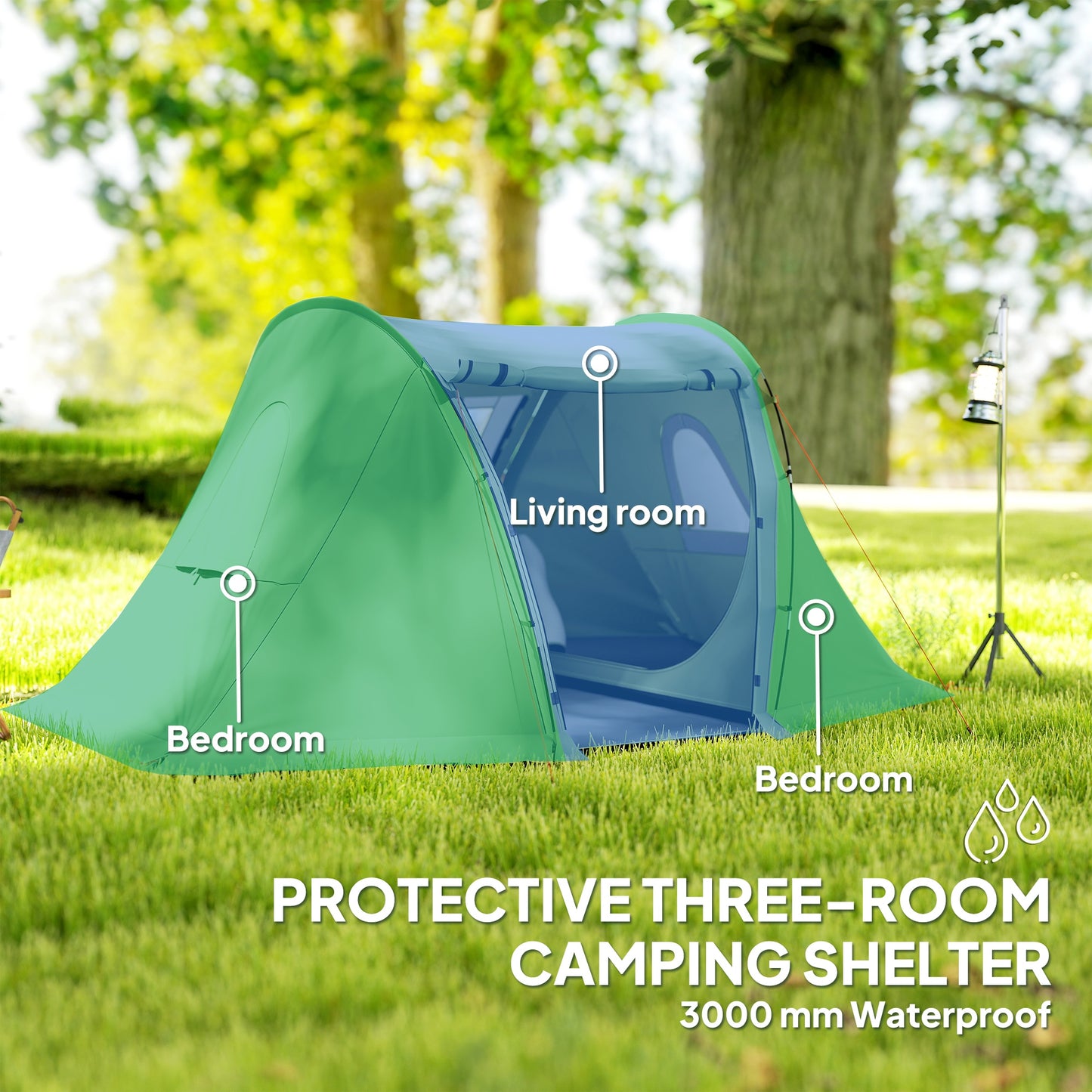 Outsunny 3 Man Camping Tent with Living Area and 2 Bedrooms, 3000mm Waterproof Family Tent with Sewn-in Groundsheet, Portable Dome Tent with Bag for Hiking, Festival, Backpacking, Green
