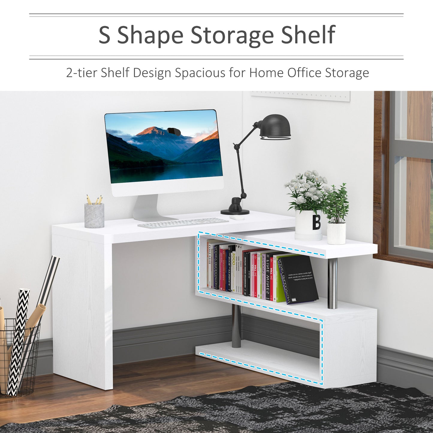 HOMCOM 360° Rotating L-Shaped Corner Computer Desk Home Office Writing Table Swivel Workstation with Storage Shelf, White