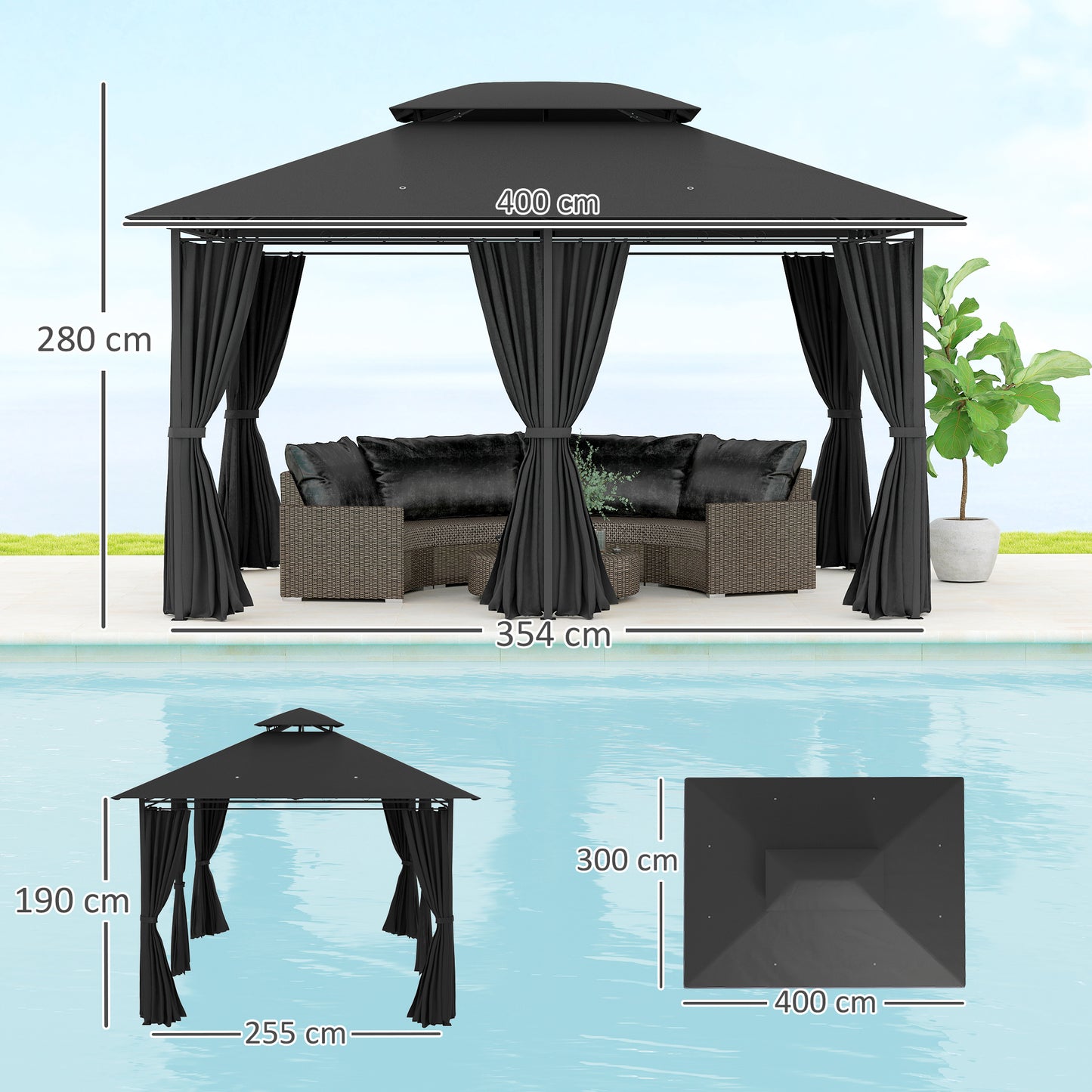 Outsunny 3 x 4m Steel Gazebo, with Curtains - Black