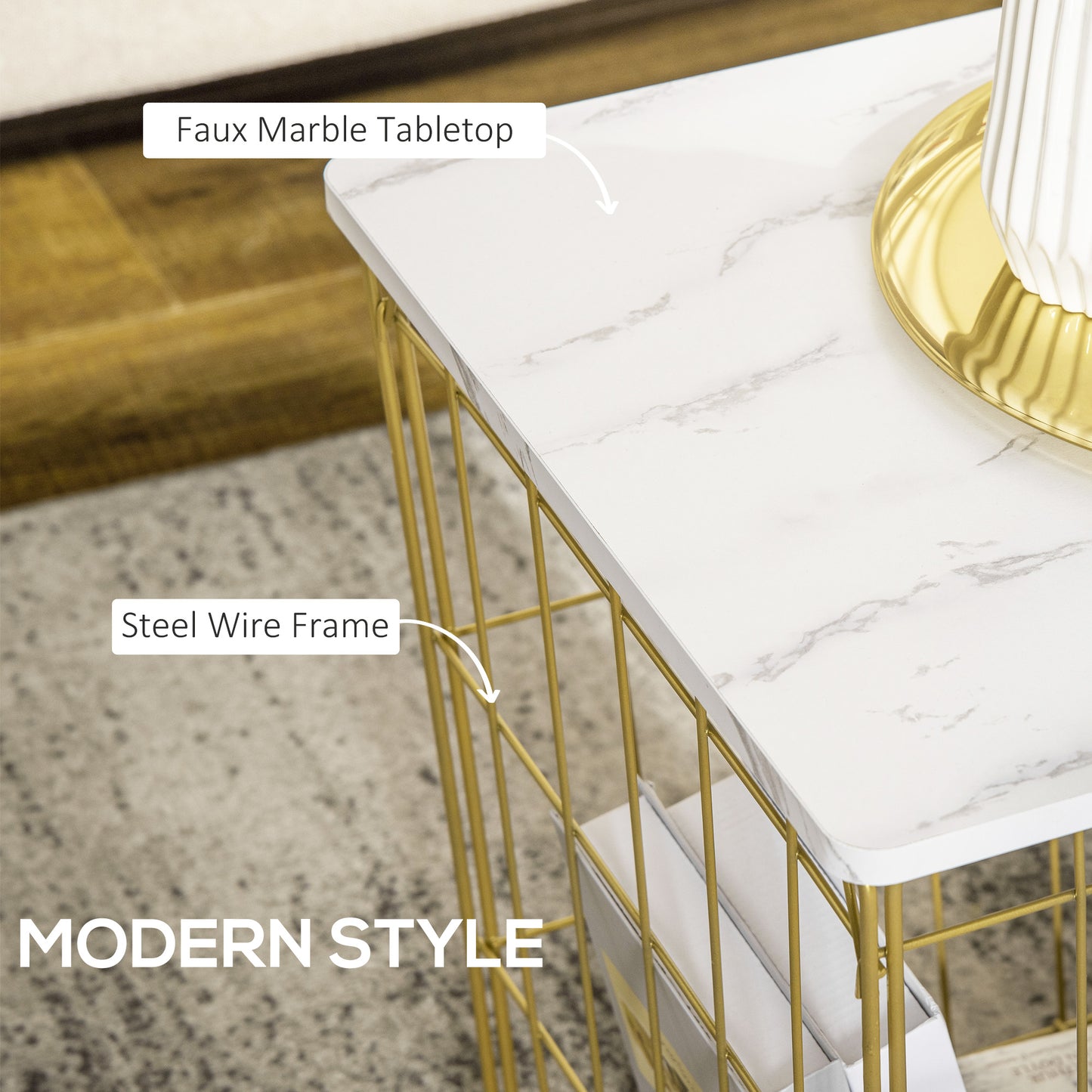 HOMCOM Side Table Set of 2 with Wire Storage Basket, End Tables Coffee Tables with Faux Marble Top for Living Room Bedroom, White and Gold
