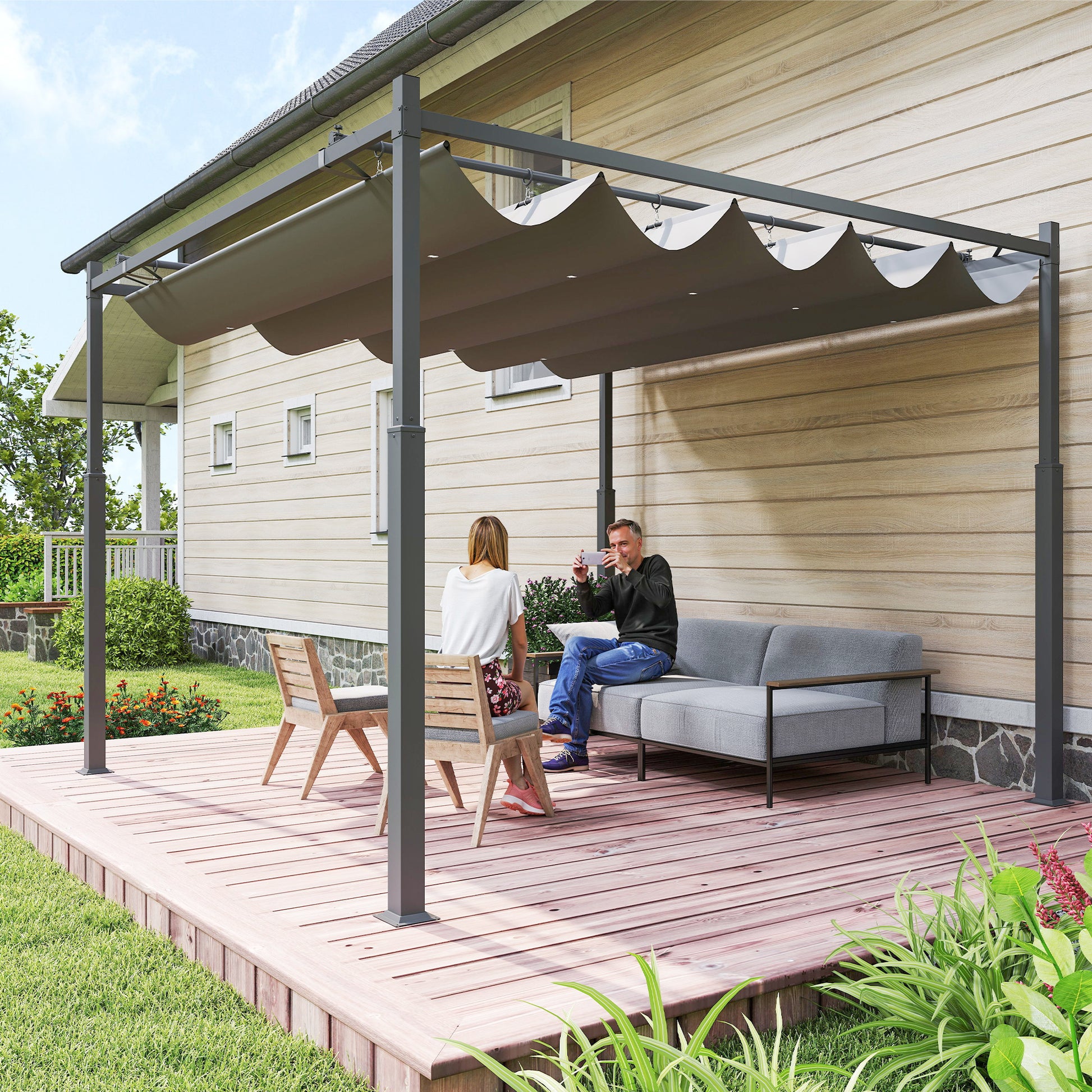 Outsunny 3 x 3(m) Metal Pergola with Retractable Roof and Magnetic Fixture, Outdoor Gazebo Garden Pergola Kit Sun Shade Canopy, UPF30+, 80mm Metal Column, Grey