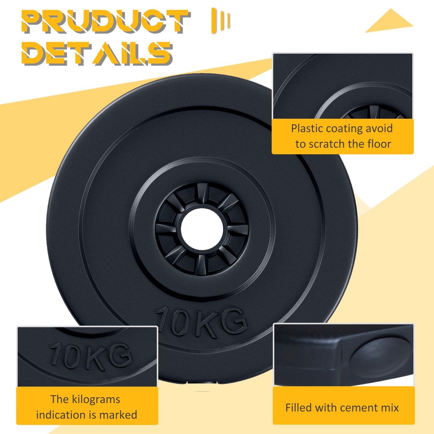 HOMCOM 4pc Durable Gym Barbell Plates Weight Dumbbell Set for Exercise Fitting Gym Body Workout Disc Weight Plate Set 2 x 5kg & 2 x 10kg Black