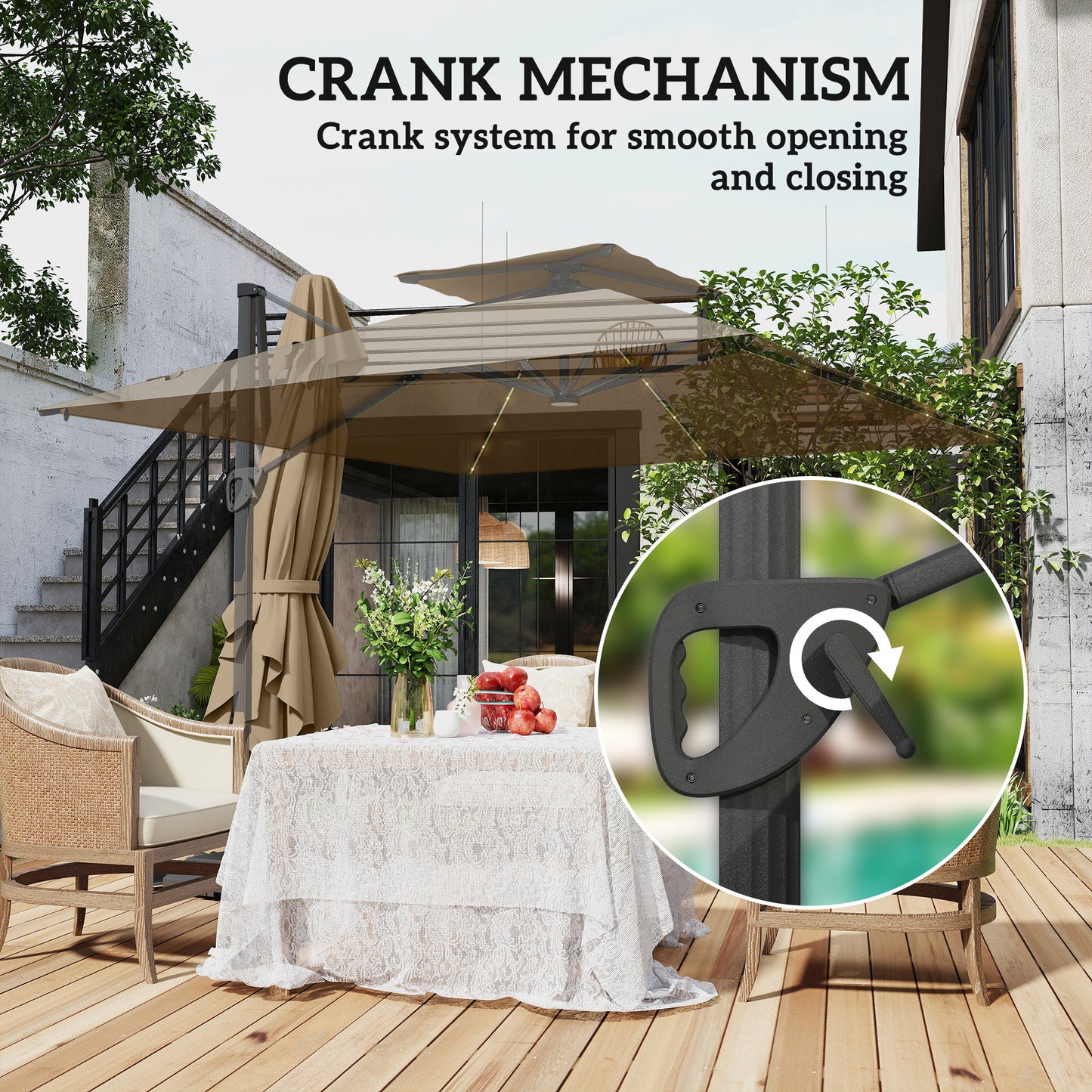 Outsunny 3.5x3 m Garden Cantilever Parasol with Solar LED Lights and Centre Light, UPF50+ Aluminium Patio Umbrella with 360° Rotation and Tilt, Hanging Sun Shade with Cross Base, Crank Handle, Khaki