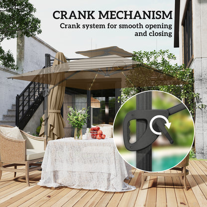 Outsunny 3.5x3 m Garden Cantilever Parasol with Solar LED Lights and Centre Light, UPF50+ Aluminium Patio Umbrella with 360° Rotation and Tilt, Hanging Sun Shade with Cross Base, Crank Handle, Khaki