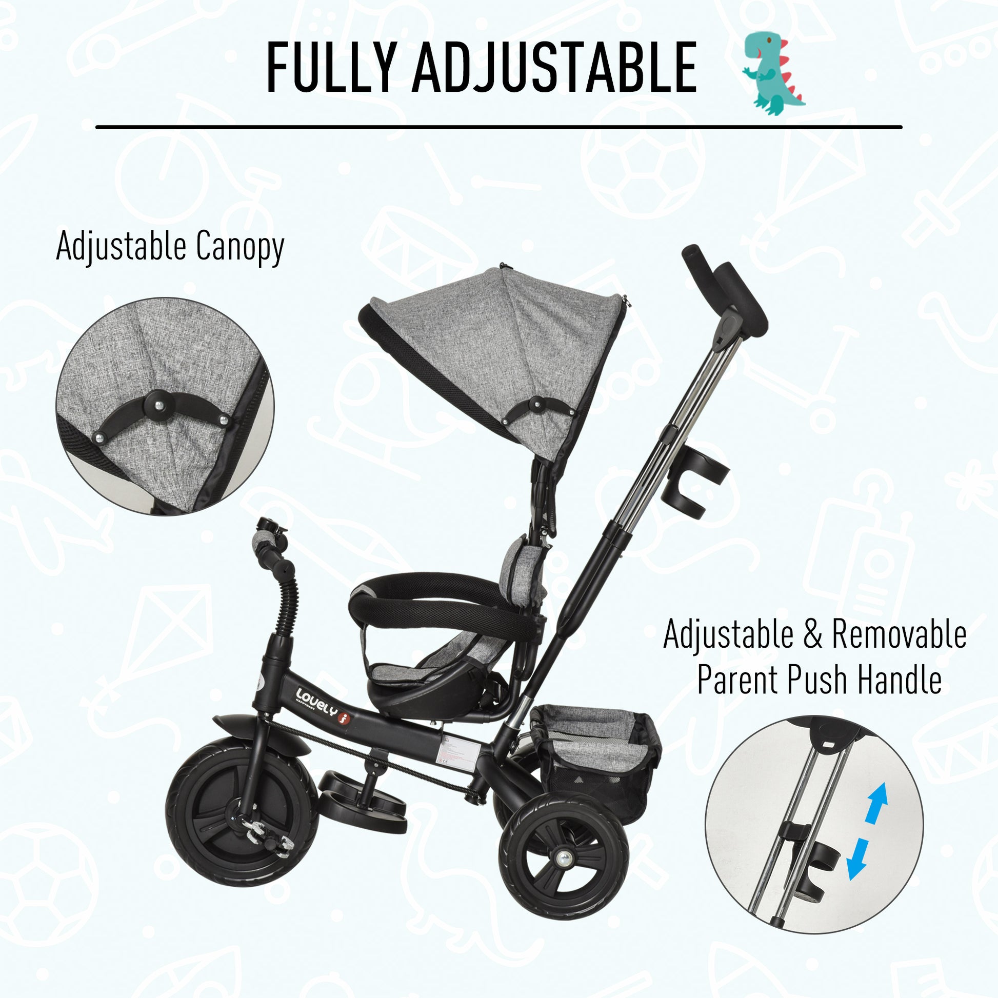 HOMCOM Toddler Bike Push Along Trike, 2-in-1 Cloth Tricycle Stroller w/ Push Handle, Detachable Guardrail & Storage Bag, Grey