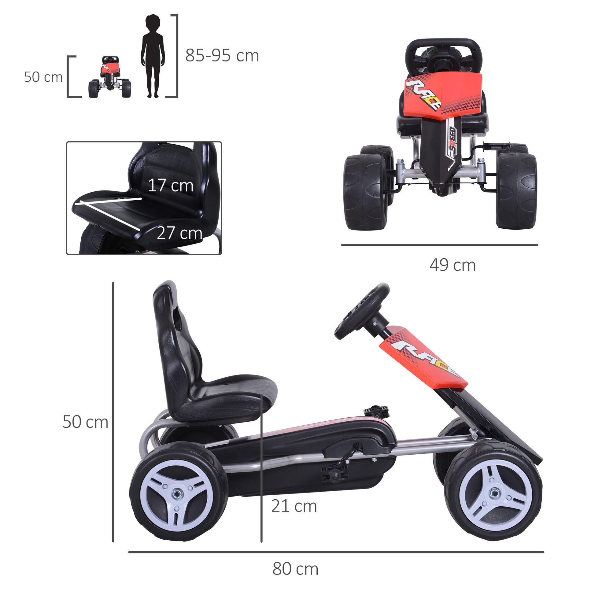 HOMCOM Kids Pedal Go Kart Ride-on, 80Lx49Wx50Hcm-Red/Black