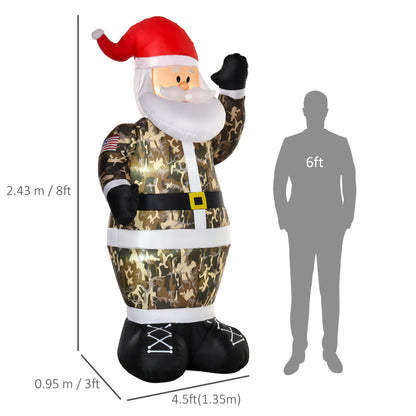 HOMCOM 8ft Christmas Inflatable Outdoor Santa Claus Saluting in Camouflage, Blow Up Yard Decoration Built-in LED Lights for Holiday Party Xmas Garden