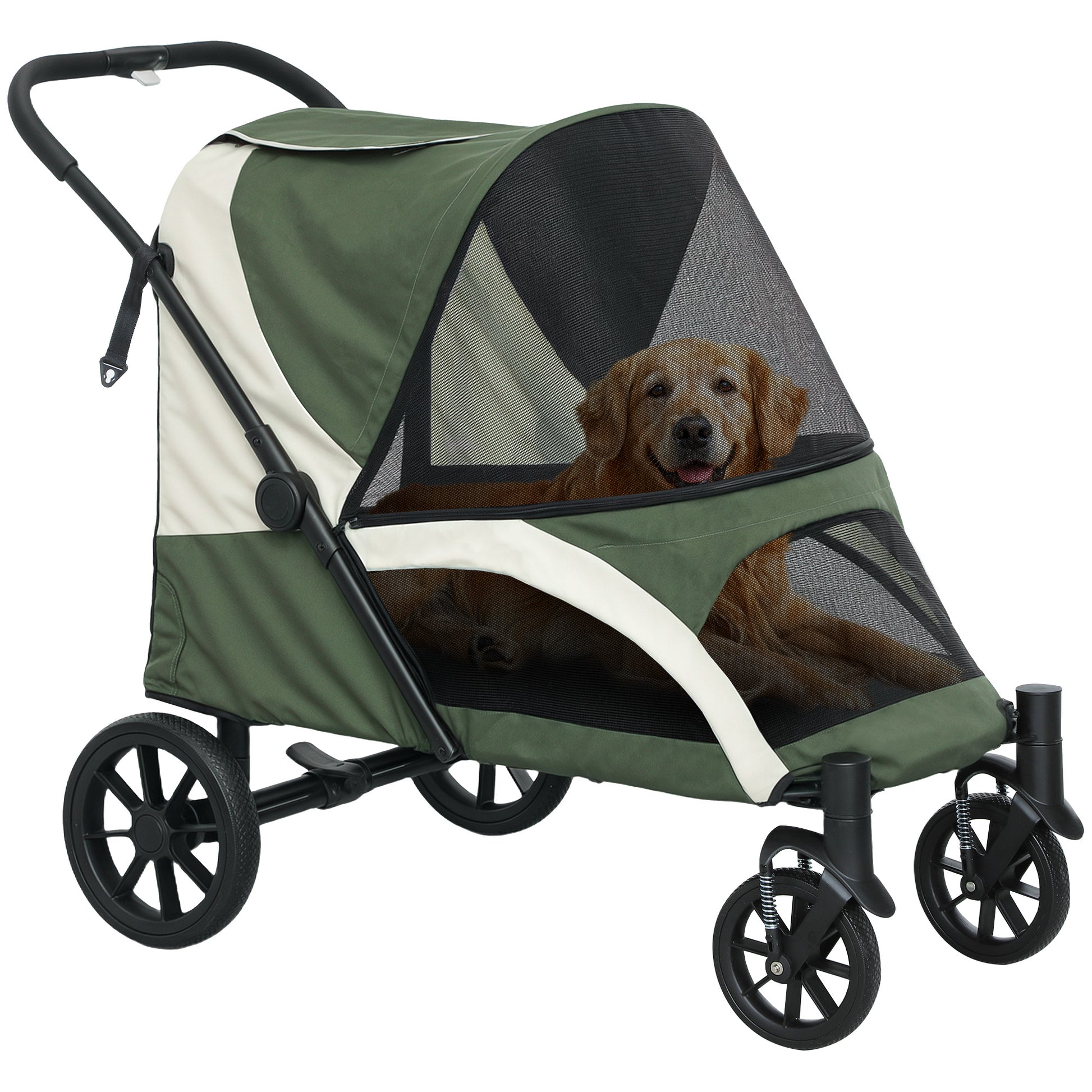 PawHut Foldable Pet Stroller for Large Dogs with Four Big Wheels, Shock-Absorbing Frame, Safety Leashes, Brakes, Dark Green