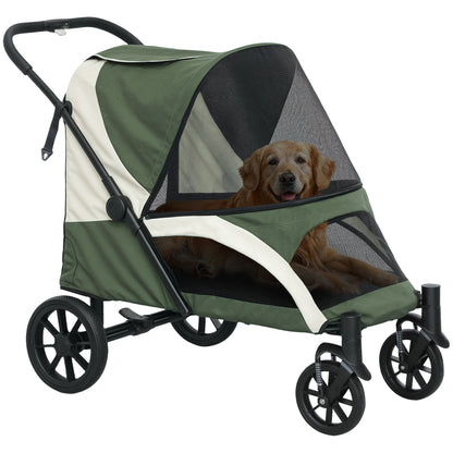 PawHut Foldable Pet Stroller for Large Dogs with Four Big Wheels, Shock-Absorbing Frame, Safety Leashes, Brakes, Dark Green