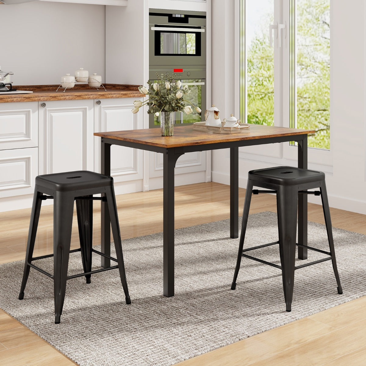 Set of 4 Metal Nesting Bar Stool with Handing Hole for Home Kitchen -Black