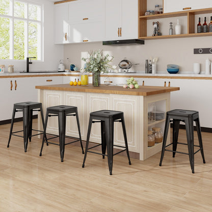 Set of 4 Metal Nesting Bar Stool with Handing Hole for Home Kitchen -Black