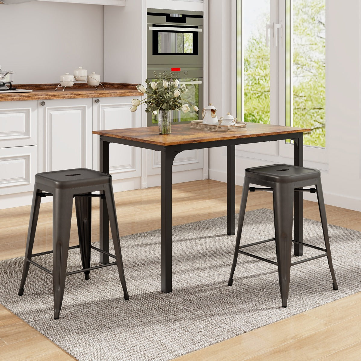 Set of 4 Metal Nesting Bar Stool with Handing Hole for Home Kitchen-Gun