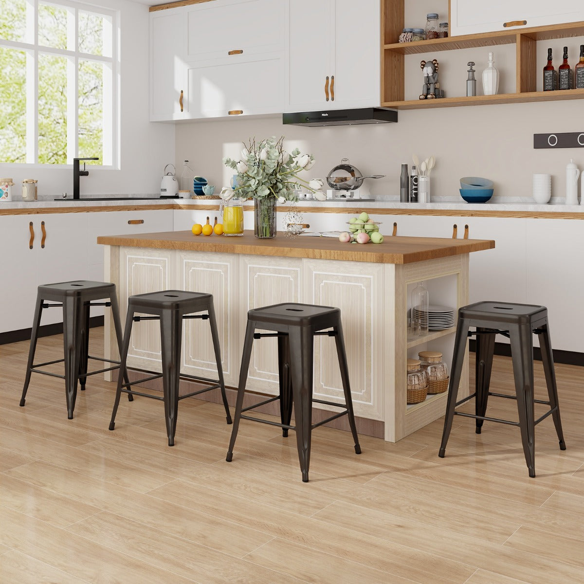 Set of 4 Metal Nesting Bar Stool with Handing Hole for Home Kitchen-Gun