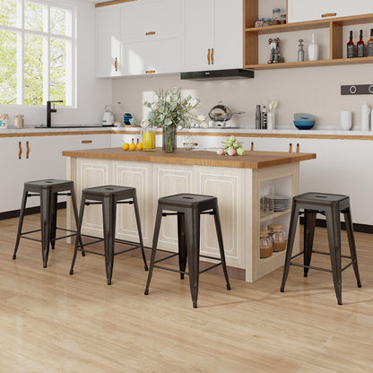 Set of 4 Metal Nesting Bar Stool with Handing Hole for Home Kitchen-Gun