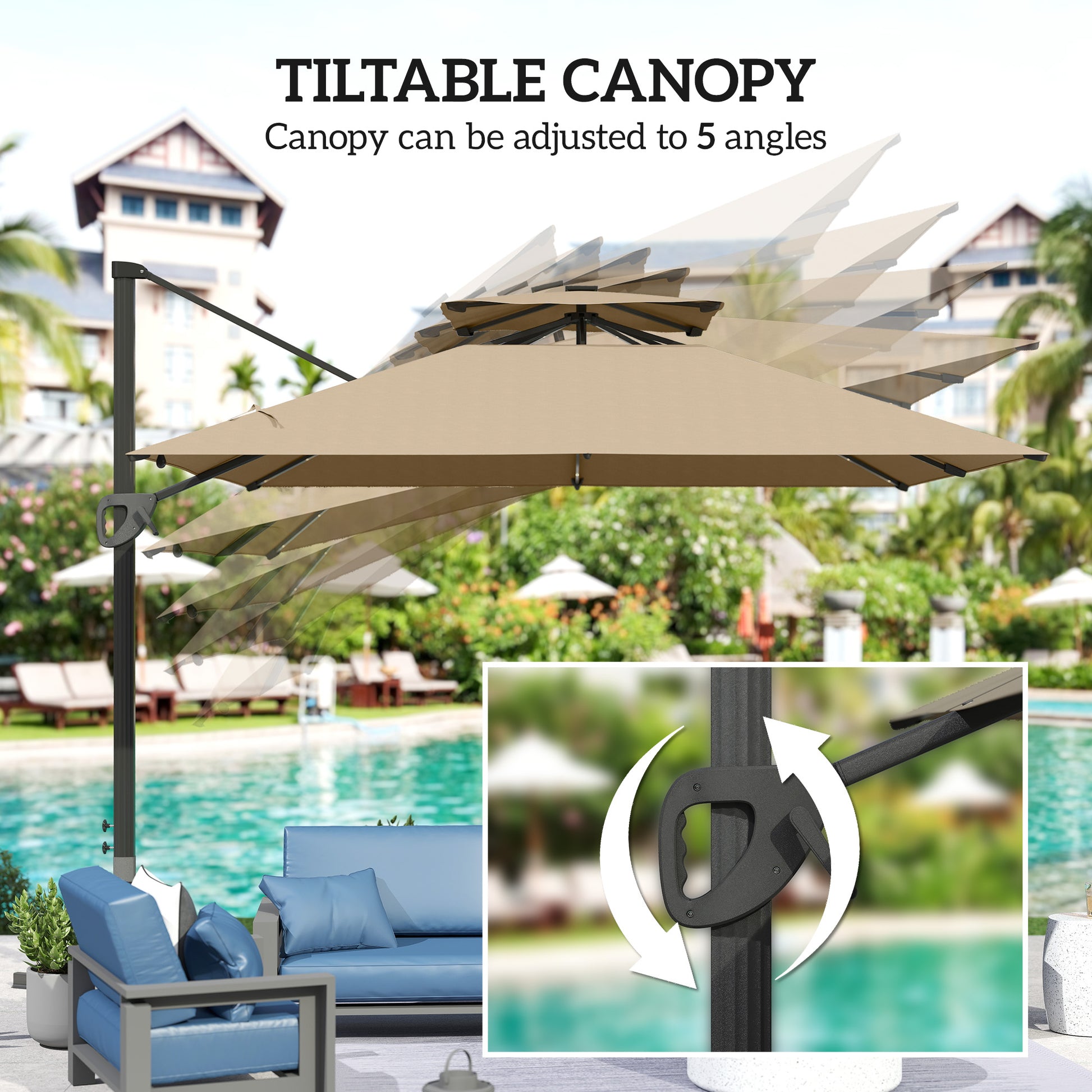 Outsunny 3.5x3 m Garden Cantilever Parasol with Solar LED Lights and Centre Light, UPF50+ Aluminium Patio Umbrella with 360° Rotation and Tilt, Hanging Sun Shade with Cross Base, Crank Handle, Khaki