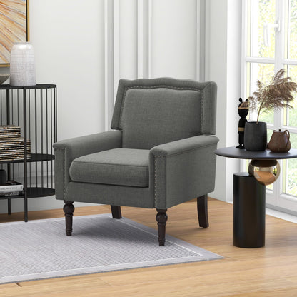 Mid-century Modern Armchair with Thick Cushion &amp; Rubber Wood Legs-Grey