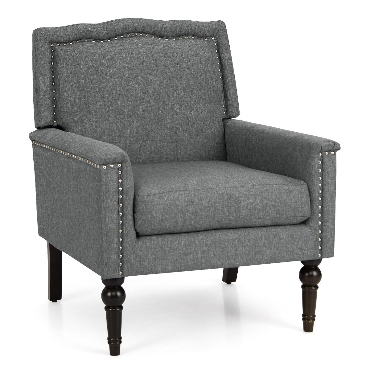 Mid-century Modern Armchair with Thick Cushion &amp; Rubber Wood Legs-Grey