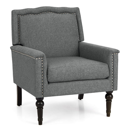 Mid-century Modern Armchair with Thick Cushion &amp; Rubber Wood Legs-Grey