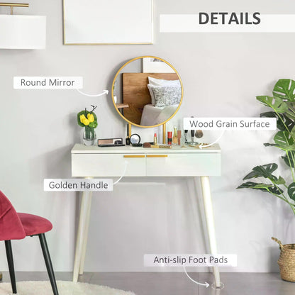 HOMCOM Modern Dressing Table with Round Mirror, Makeup Vanity Table with 2 Drawers for Bedroom, Living Room, White