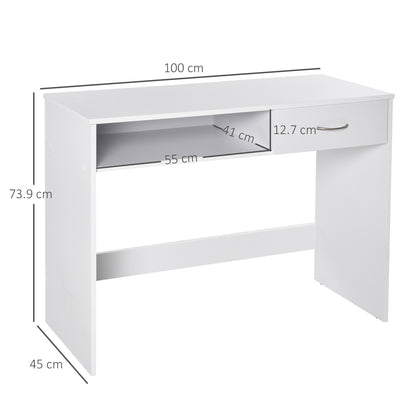 HOMCOM Computer Desk, Work Desk Table Study with Shelf Drawer, Study Table Storage Compartment, Writing Station Display Stylish Storage, White