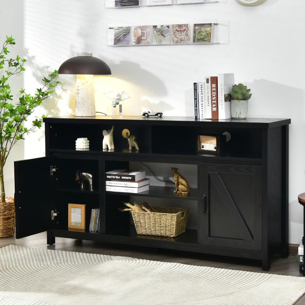 Modern Farmhouse TV Cabinet with Barn Doors for TVs Up to 65 Inches-Black