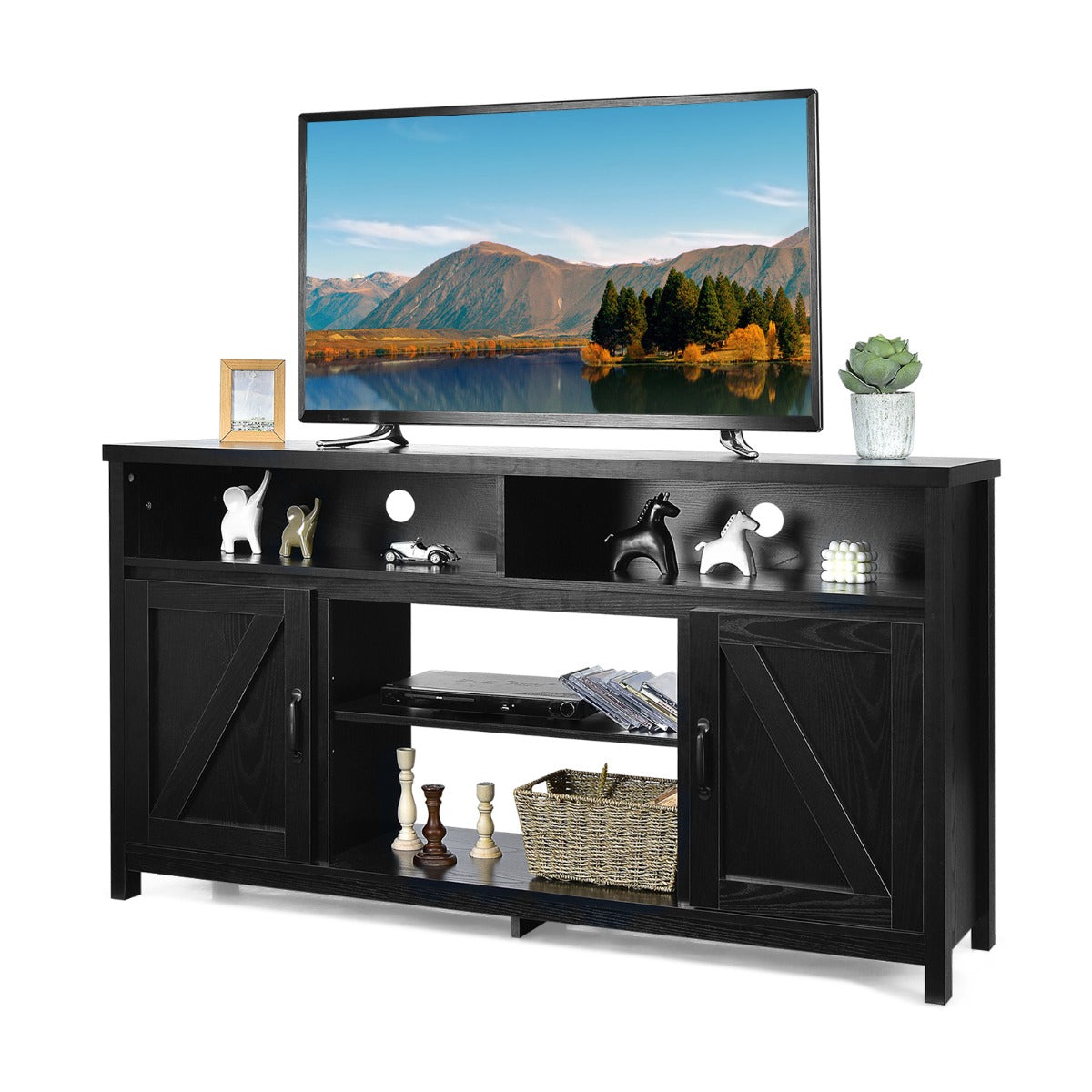 Modern Farmhouse TV Cabinet with Barn Doors for TVs Up to 65 Inches-Black