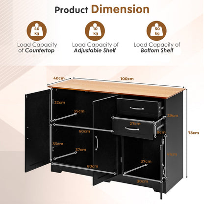 Modern Kitchen Sideboard Storage Cabinet with Adjustable Shelf and Drawers-Black