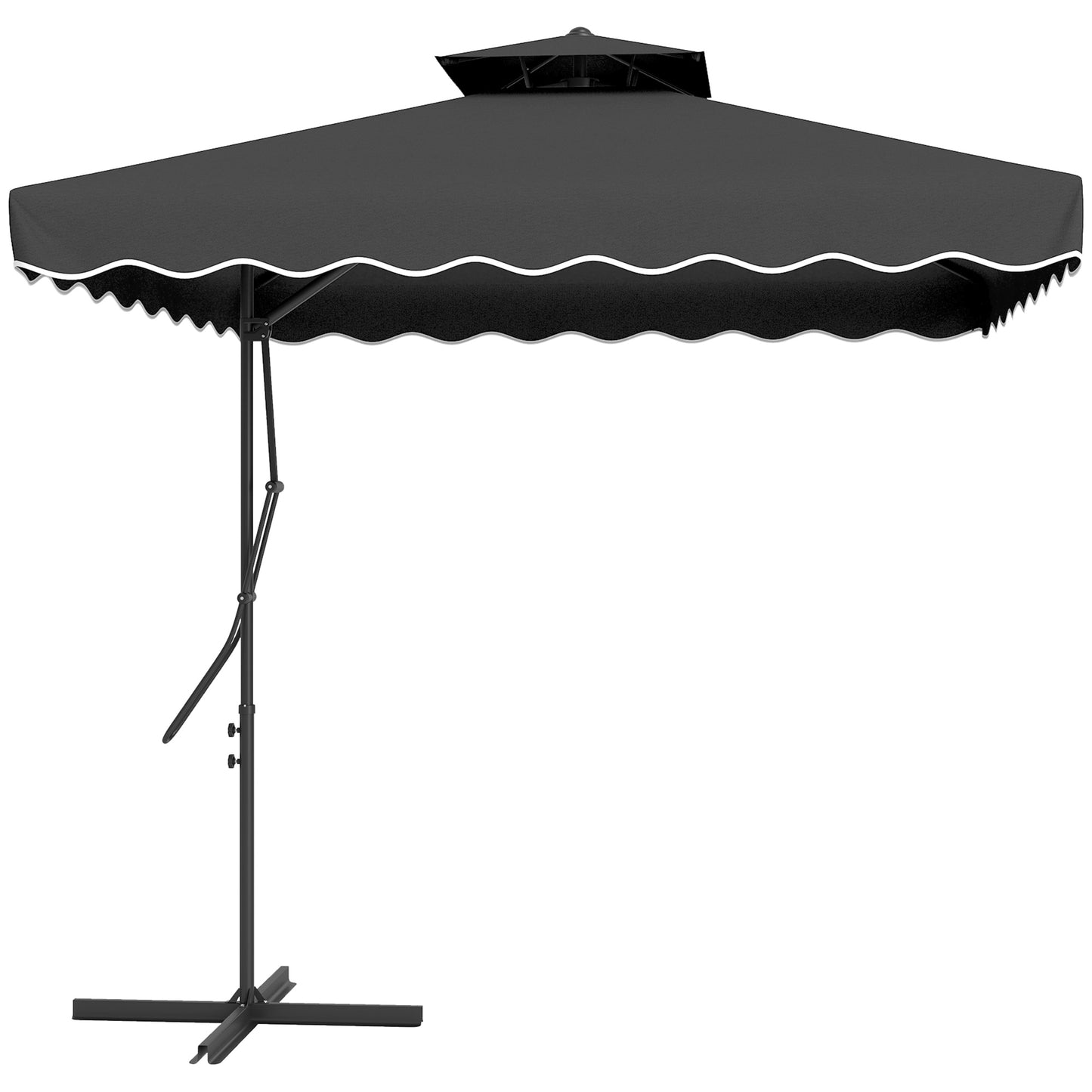 Outsunny 2.5m Cantilever Parasol with Easy Lever, Square Double Top Garden Parasol Umbrella with Ruffles and Cross Base, Overhanging Outdoor Sun Shades, Black