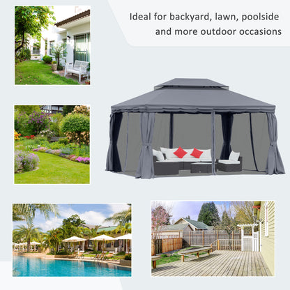 Outsunny 3 x 4m Aluminium Garden Gazebo, Marquee Canopy Shelter Pavilion Party Tent with Nets and Curtains for Garden and Deck, Dark Grey