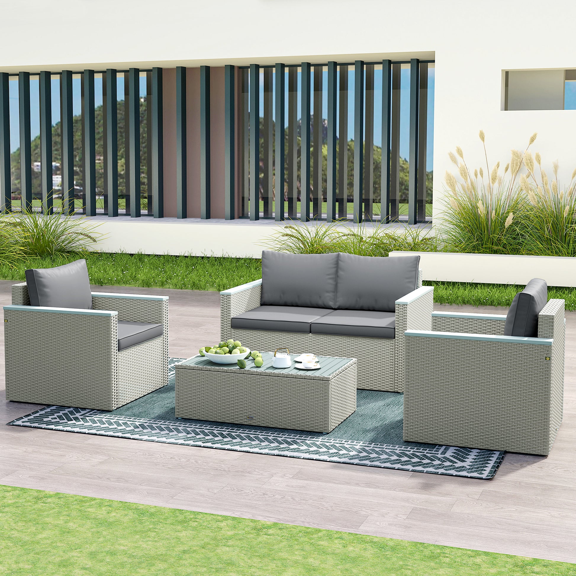 Outsunny 4 Piece Rattan Garden Furniture Set, 4 Seater Wicker Outdoor Sofa Set with 2 Armchairs, Loveseat, Acacia Wood Top Coffee Table, Cushions, Patio Conservatory Set for Balcony, Light Grey