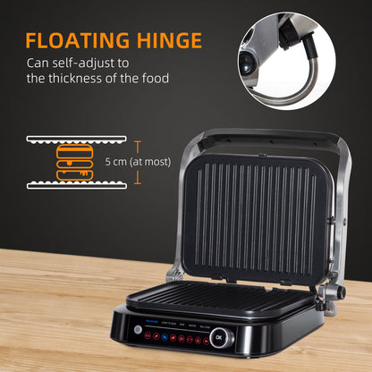 HOMCOM Health Grill & Panini Press, 2100W Electric Non-stick Grill with 180° Flat Open, Drip Tray, Removable Plate, Spatula and 8 Automatic Settings