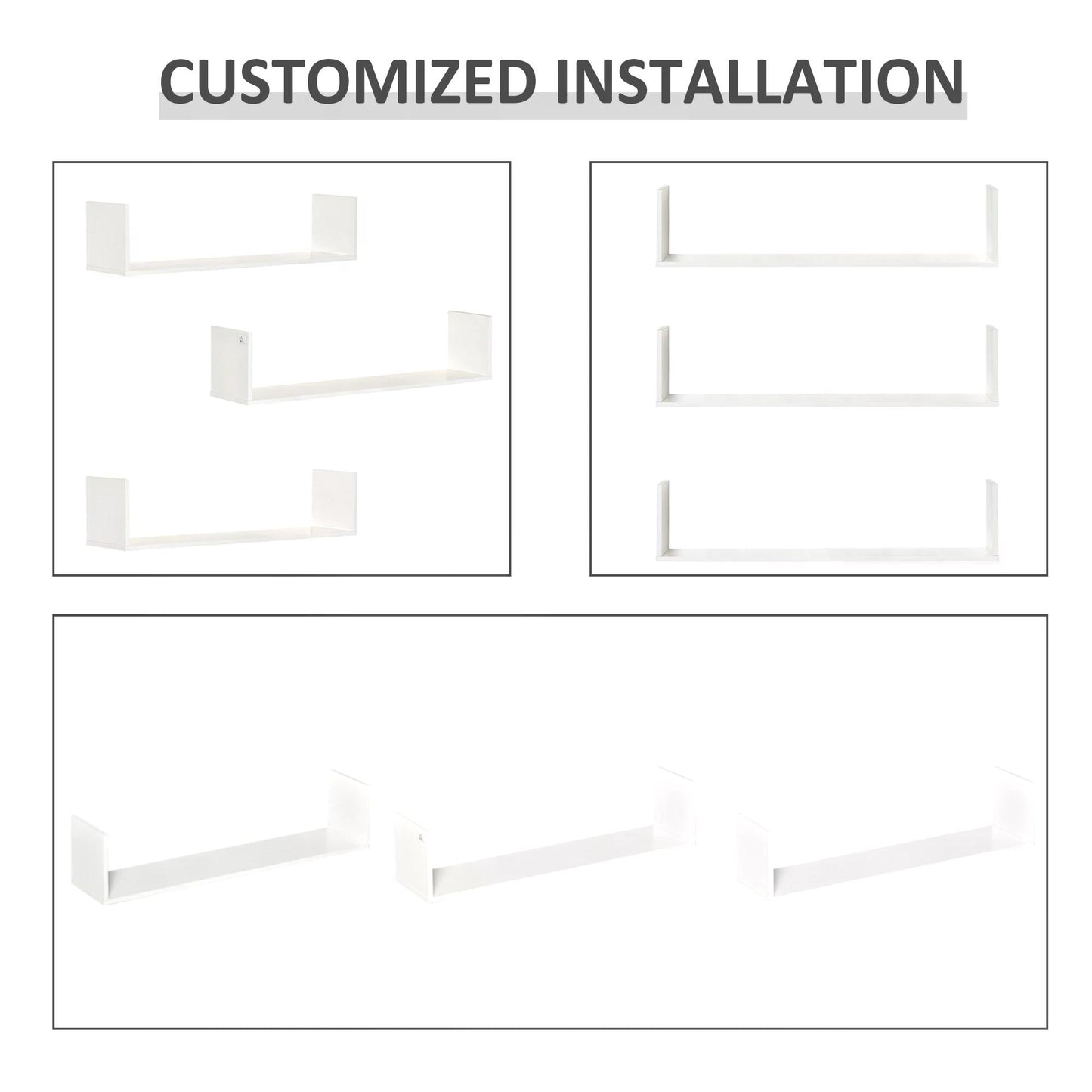 HOMCOM Set of 3 Wooden U-Shaped Floating Shelves Set Wall Mounted Hanging Bookshelf CD DVD Storage Display for Bedroom Living Room Kitchen, White