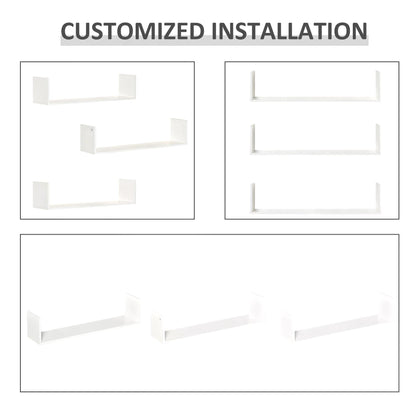 HOMCOM Set of 3 Wooden U-Shaped Floating Shelves Set Wall Mounted Hanging Bookshelf CD DVD Storage Display for Bedroom Living Room Kitchen, White